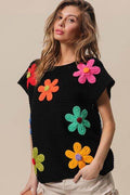 BiBi Flower Round Neck Cap Sleeve Knit Top - Hovatok