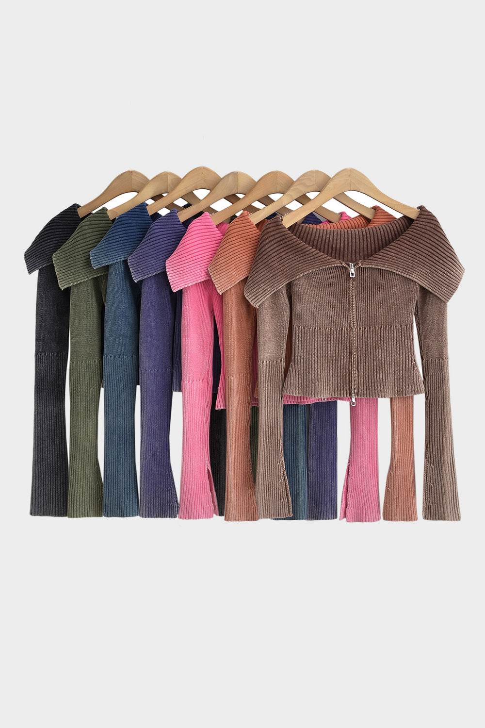Double Take Ribbed Off-Shoulder Zip Up Long Sleeve Cardigan - Hovatok