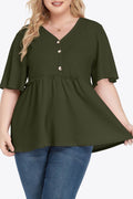 Plus Size Buttoned V-Neck Frill Trim Babydoll Blouse - Hovatok