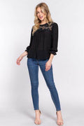 ACTIVE BASIC Crochet Lace Panel Flounce Sleeve Blouse - Hovatok