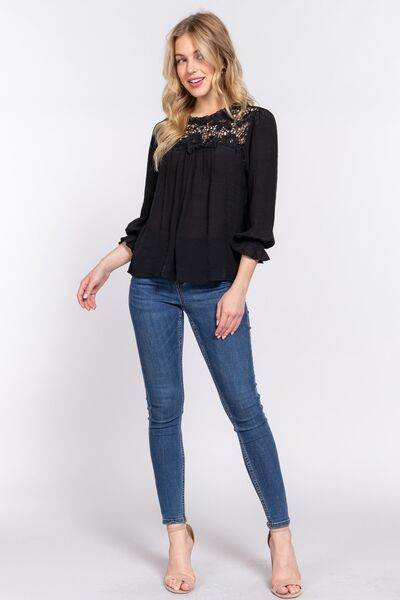 ACTIVE BASIC Crochet Lace Panel Flounce Sleeve Blouse - Hovatok