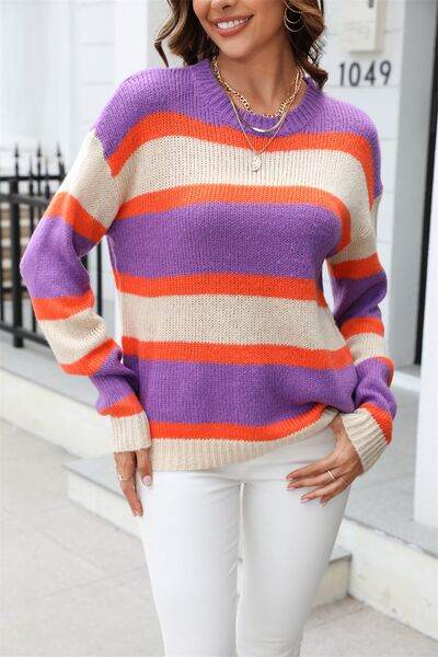 Angel Wings Color Block Round Neck Dropped Shoulder Sweater - Hovatok