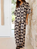 Printed Collared Neck Top and Wide Leg Pants Set - Hovatok