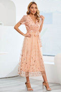 Sequin Leaf Embroidery Tie Front Short Sleeve Dress - Hovatok