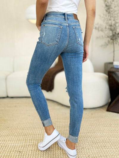Judy Blue Full Size Mid Rise Destroy & Cuff Skinny Jeans - Hovatok