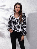 Floral V-Neck Balloon Sleeve Peplum Blouse - Hovatok