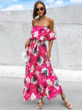 Pleated Floral Off-Shoulder Short Sleeve Midi Dress - Hovatok