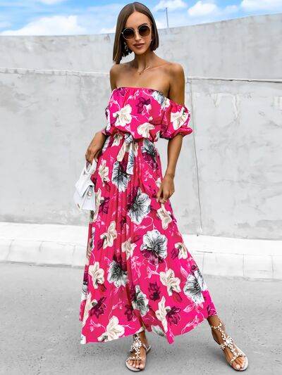 Pleated Floral Off-Shoulder Short Sleeve Midi Dress - Hovatok