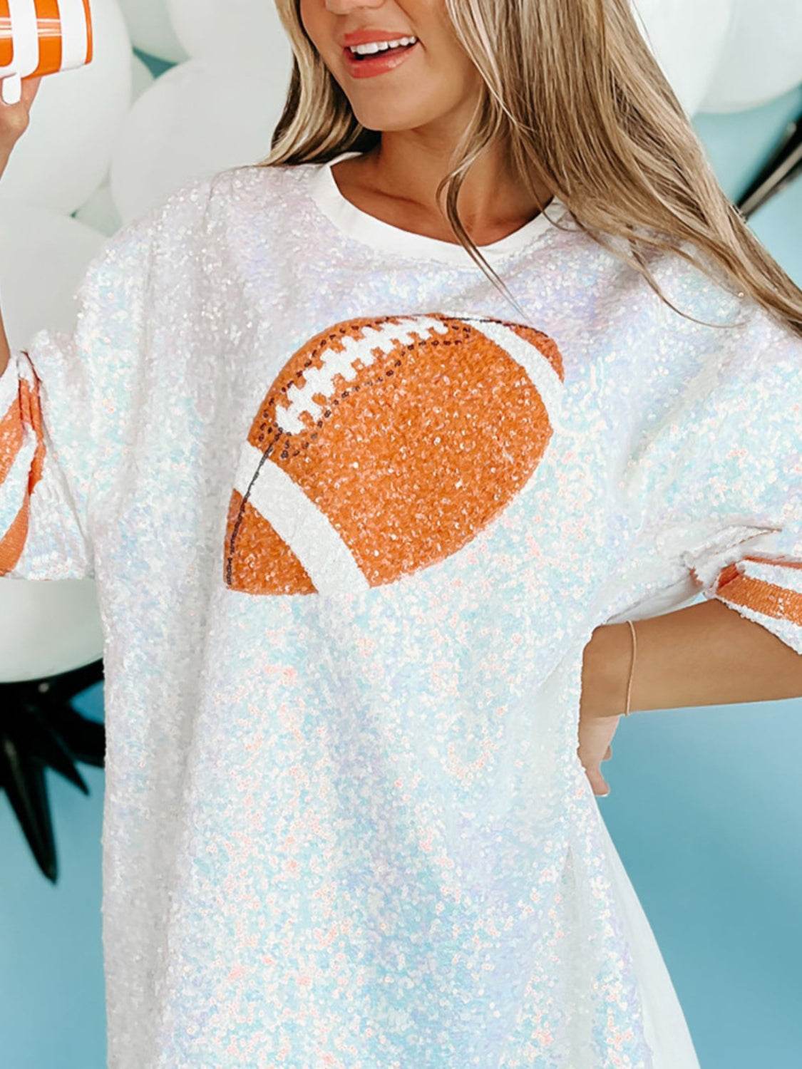 Sequin Football Round Neck Half Sleeve Oversize Top - Hovatok