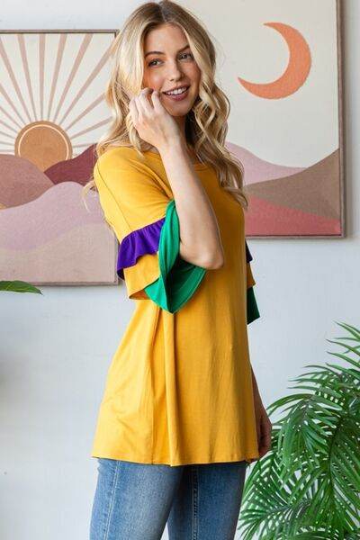 Heimish Full Size Round Neck Color Block Ruffled Half Sleeve Top Plus Size - Hovatok