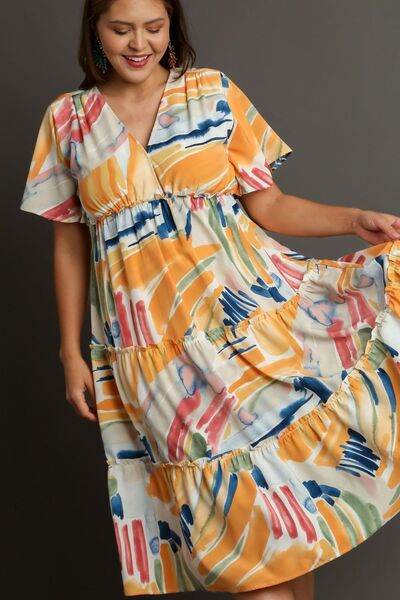Umgee Full Size Abstract Print Flutter Sleeve Frill Tiered Midi Dress Plus Size - Hovatok