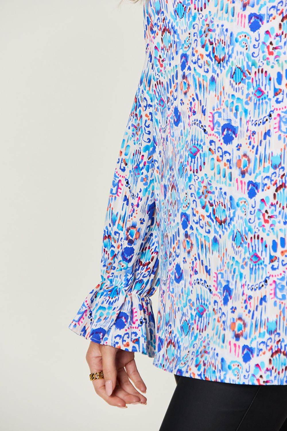 Double Take Full Size Printed Flounce Sleeve Blouse - Hovatok
