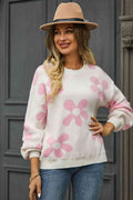 Angel Wings Floral Print Round Neck Dropped Shoulder Pullover Sweater - Hovatok