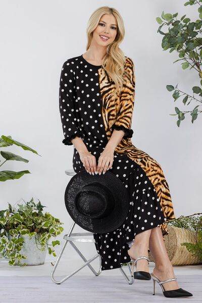 Celeste Full Size Polka Dot & Leopard Round Neck Midi Dress Plus Size - Hovatok