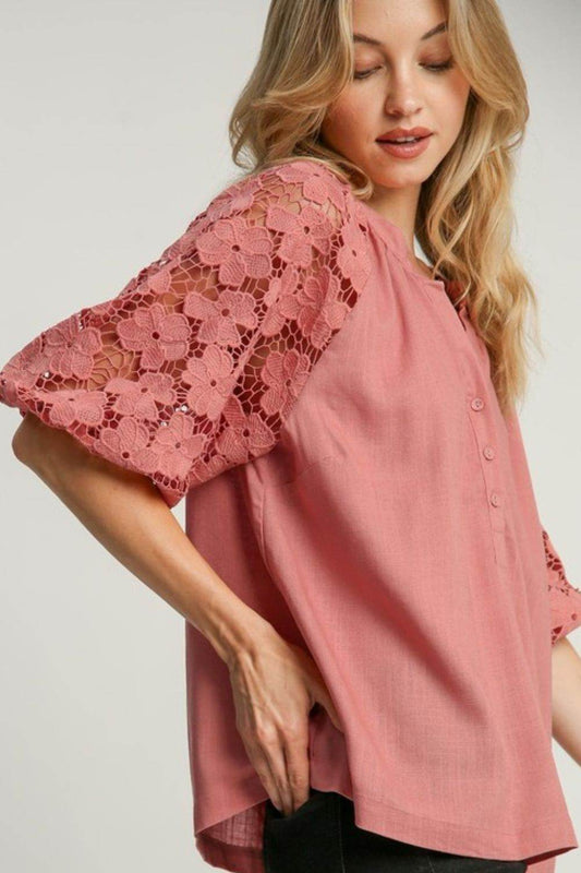 Umgee Full Size Lace Puff Sleeve Top Plus Size - Hovatok