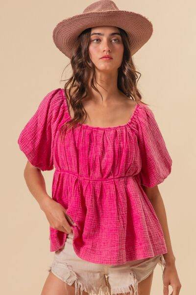BiBi Pleated Puff Sleeve Washed Blouse - Hovatok