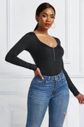 Half Zip Scoop Neck Long Sleeve Bodysuit - Hovatok