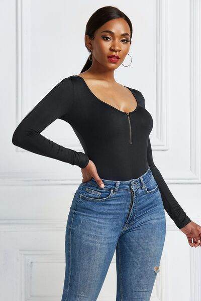 Half Zip Scoop Neck Long Sleeve Bodysuit - Hovatok