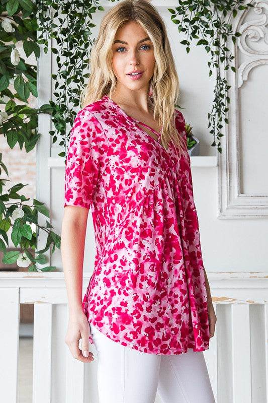 Heimish Full Size Short Sleeve Crisscross Animal Babydoll Top Plus Size - Hovatok