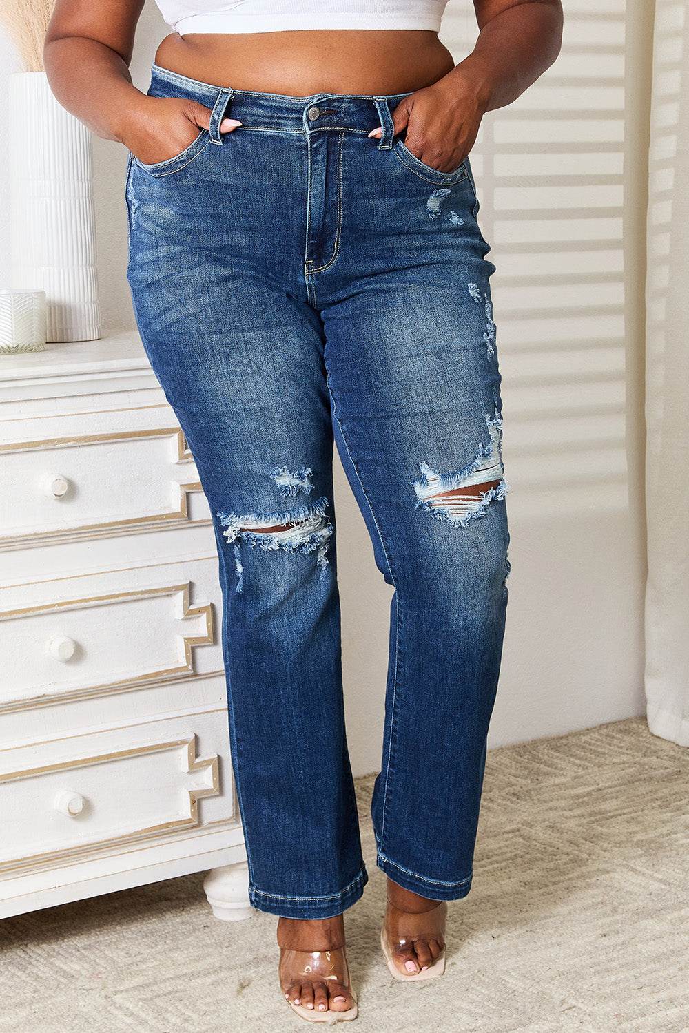 Judy Blue Full Size Mid Rise Hand Sand & Destroy Bootcut Jeans - Hovatok
