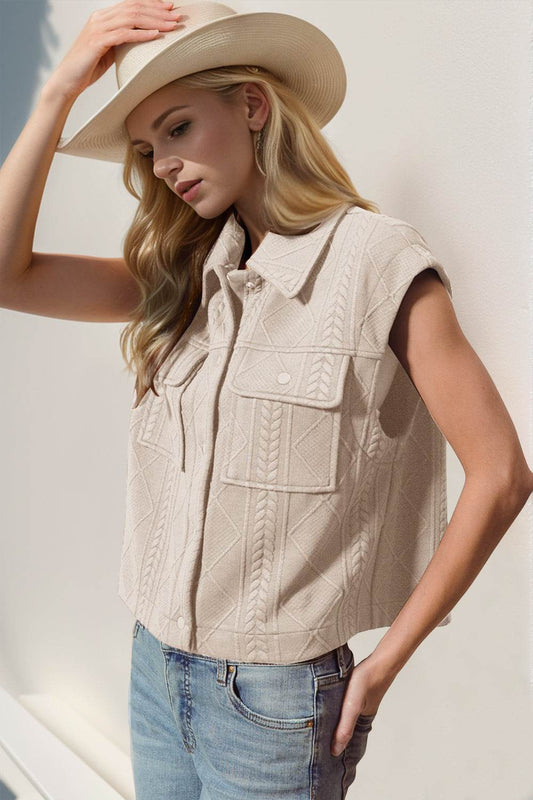 Double Take Snap Down Texture Crop Vest - Hovatok