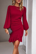 Devine Ruched Ruffled Balloon Sleeve Mini Dress - Hovatok