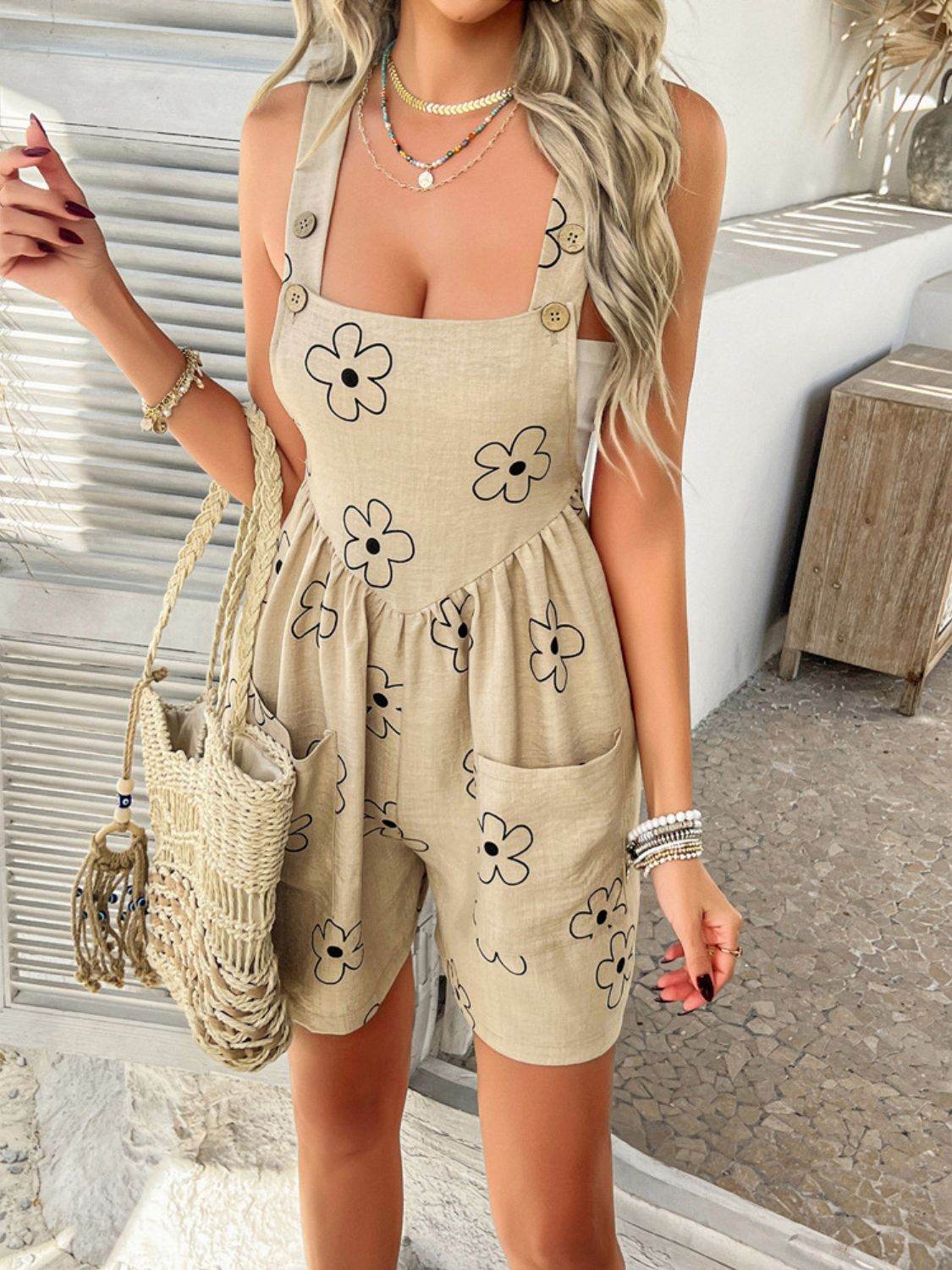 Devine Flower Wide Strap Overalls with Pockets - Hovatok