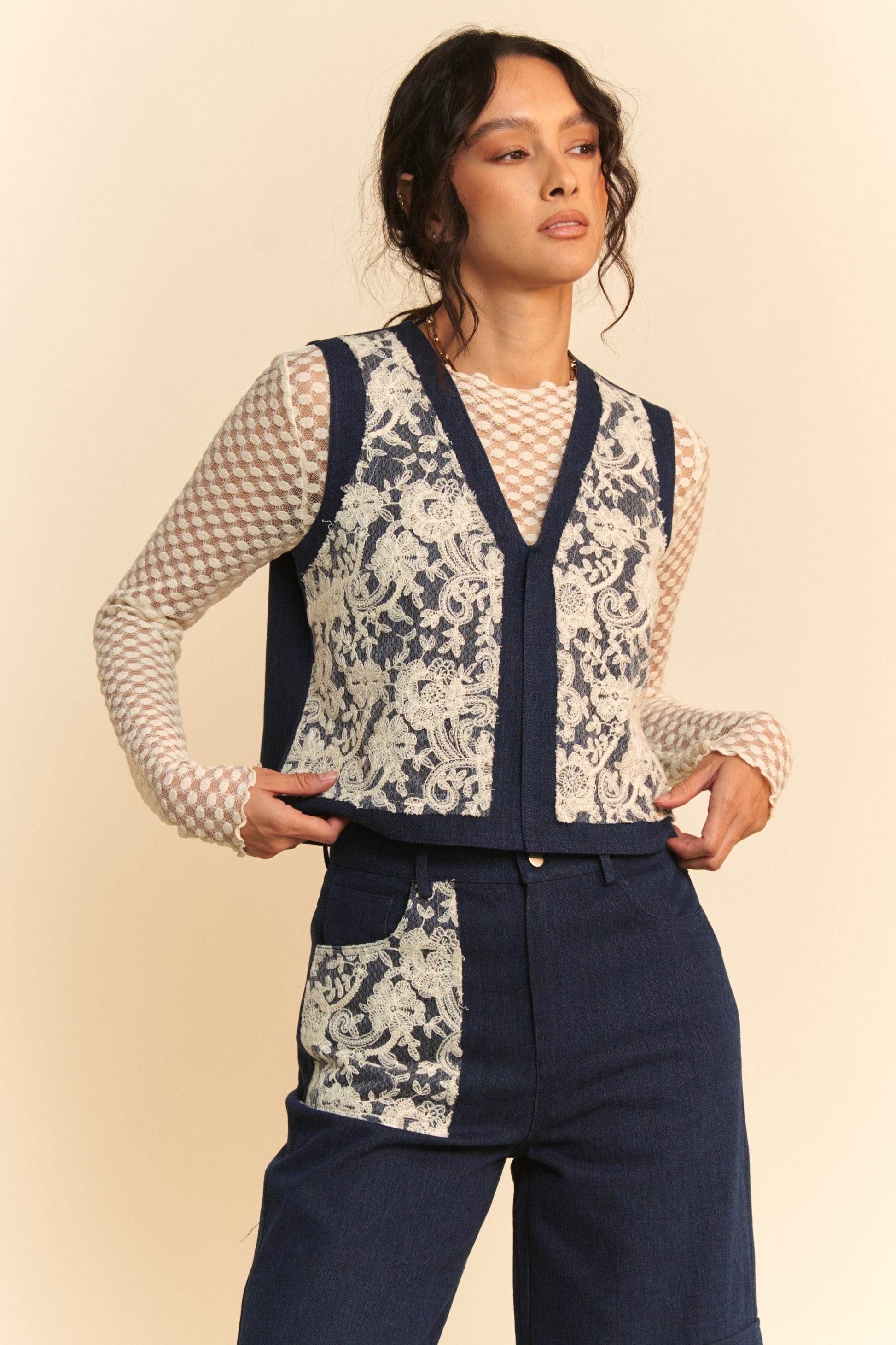Davi & Dani Lace Patch Open Front Denim Vest - Hovatok