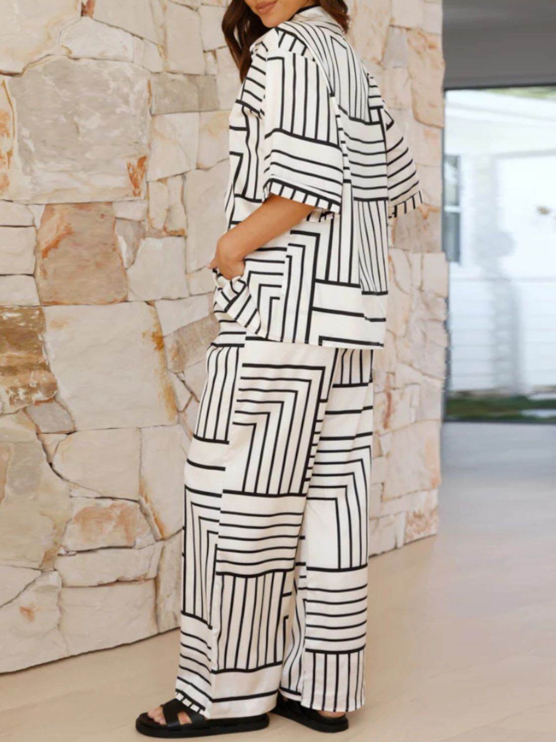 Button Down Half Sleeve Top and Pants Set - Hovatok