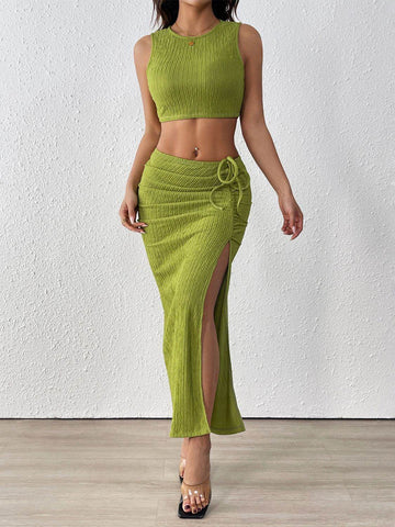 Perfee Texture Cropped Tank and Ruched Skirt Set - Hovatok