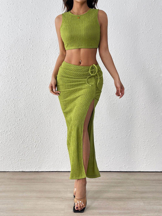 Perfee Texture Cropped Tank and Ruched Skirt Set - Hovatok