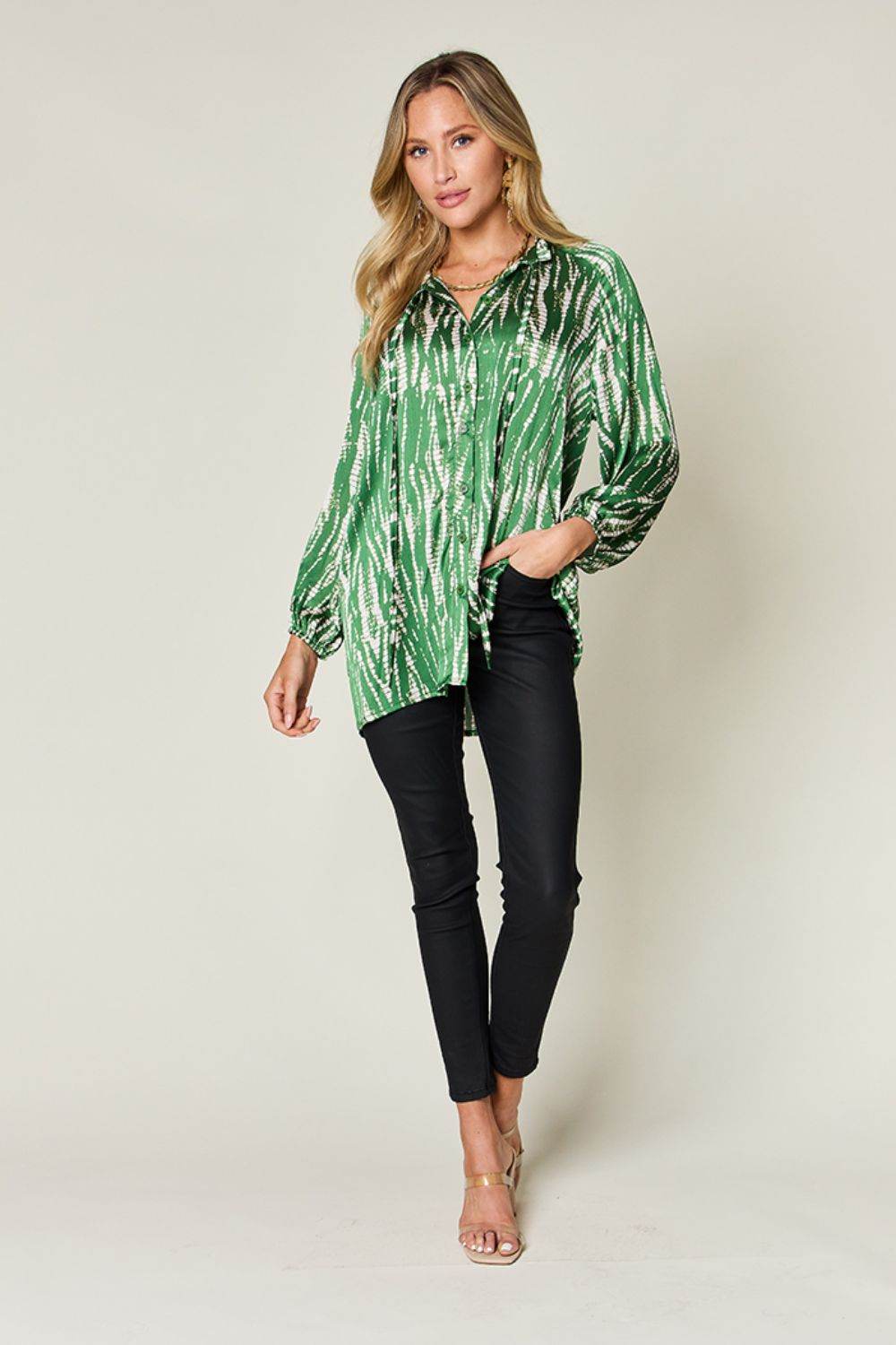 Double Take Full Size Printed Button Up Long Sleeve Shirt - Hovatok