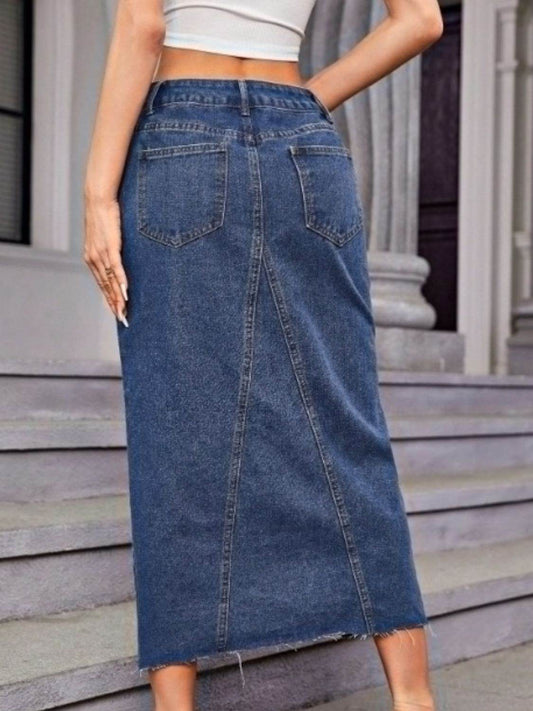 Slit Midi Denim Skirt with Pockets - Hovatok