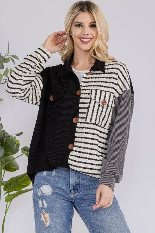 Celeste Full Size Striped Button Up Dropped Shoulder Shacket - Hovatok