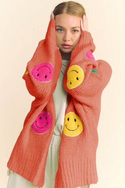 Davi & Dani Fuzzy Smile Open Front Long Sleeve Cardigan - Hovatok