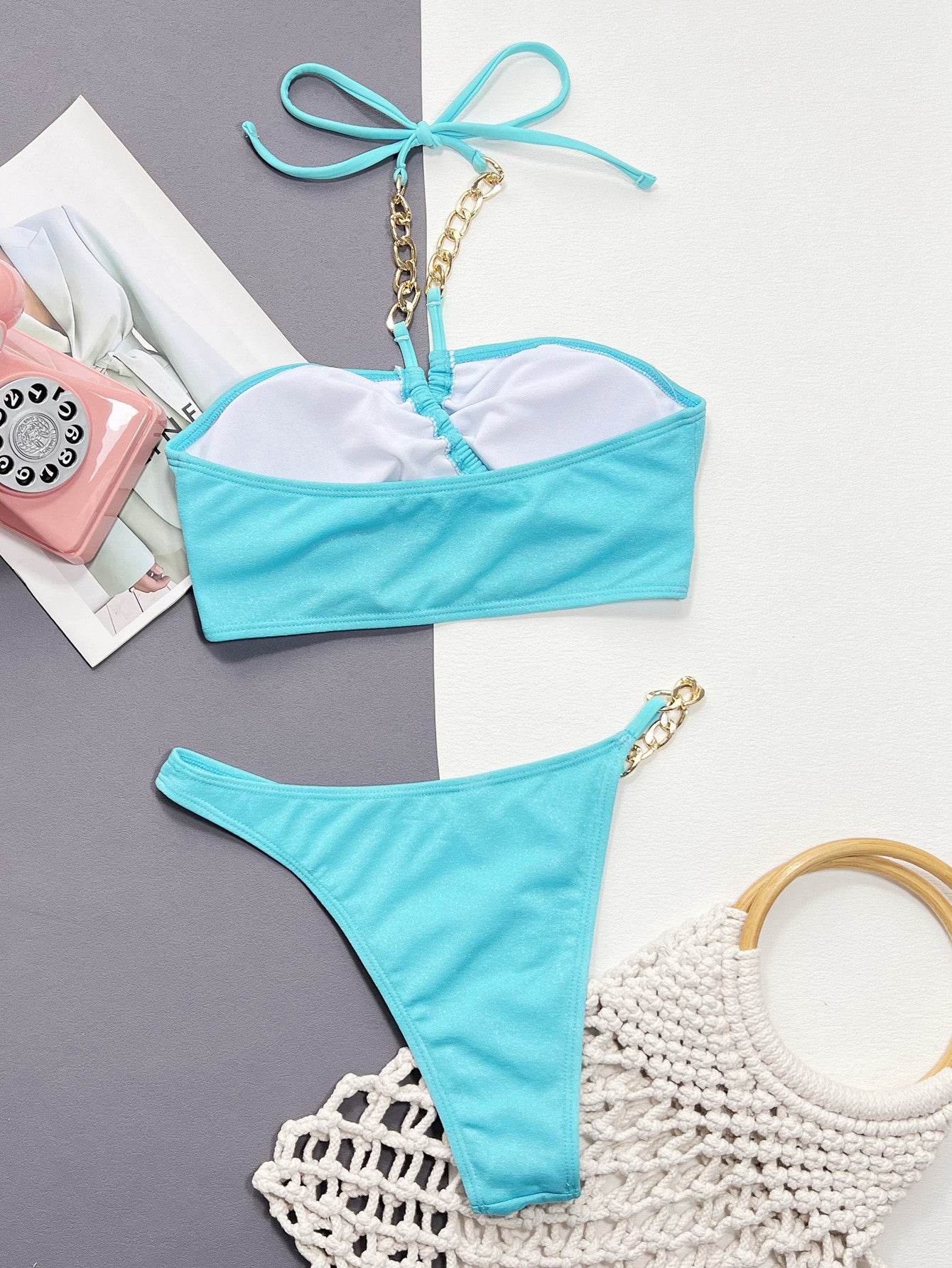 Halter Neck Chain Detail Two-Piece Bikini Set - Hovatok