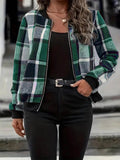 Plus Size Plaid Baseball Collar Zip Up Jacket - Hovatok