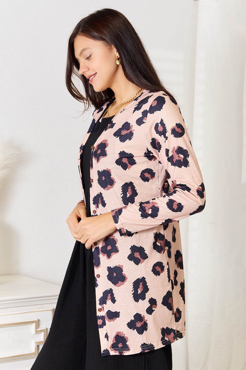 Double Take Printed Button Front Longline Cardigan - Hovatok