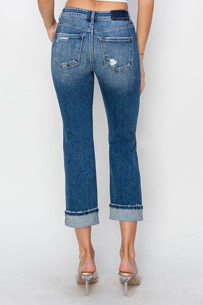 RISEN Full Size Cuffed Ankle Distressed Straight Jeans - Hovatok