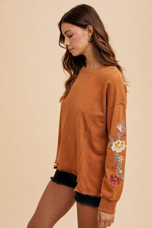 Annie Wear Embroidered Long Sleeve French Terry Top - Hovatok