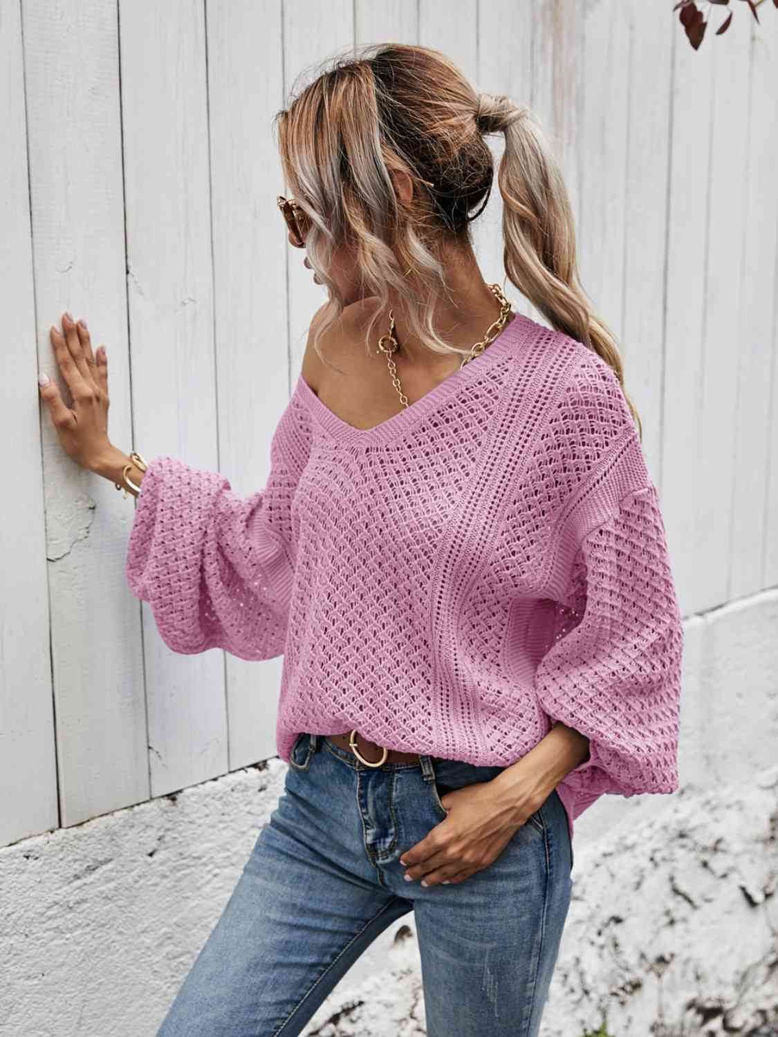 Angel Wings V-Neck Dropped Shoulder Sweater - Hovatok