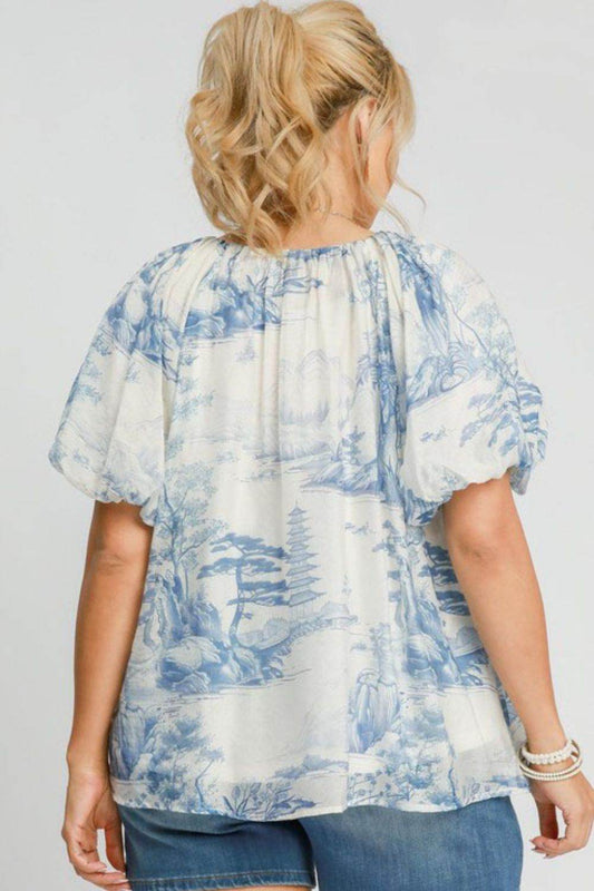 Umgee Full Size Two Tone Toile Print Top Plus Size - Hovatok