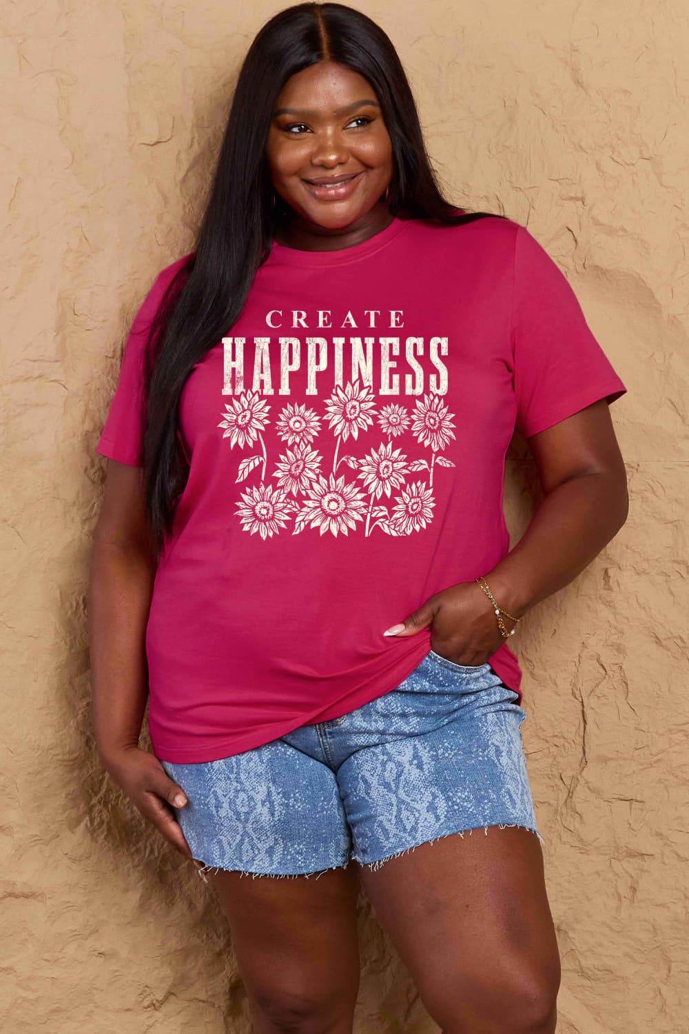 Simply Love Full Size CREATE HAPPINESS Graphic Cotton T-Shirt - Hovatok