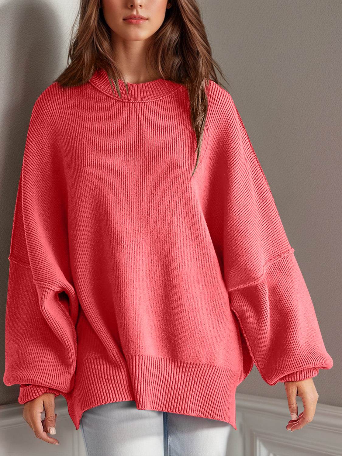 Double Take Side Slit Round Neck Long Sleeve Sweater - Hovatok