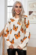 Butterfly Round Neck Long Sleeve Sweater - Hovatok