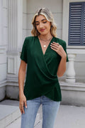 Solid Color Surplice Short Sleeve Blouse - Hovatok