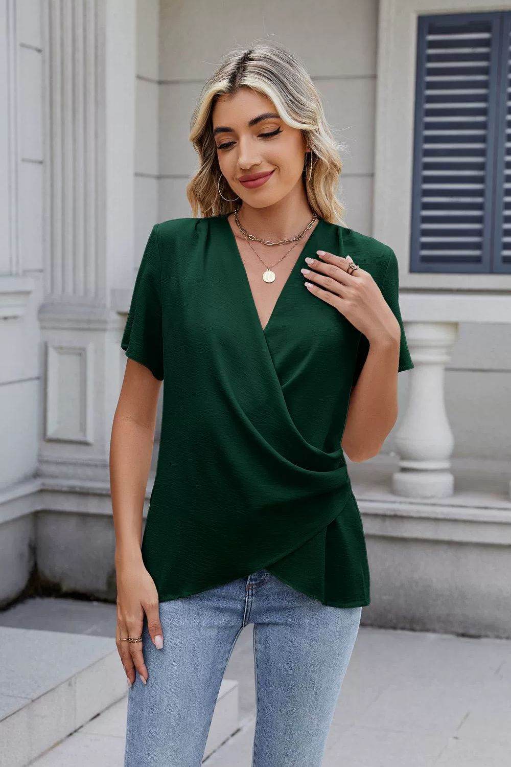 Solid Color Surplice Short Sleeve Blouse - Hovatok