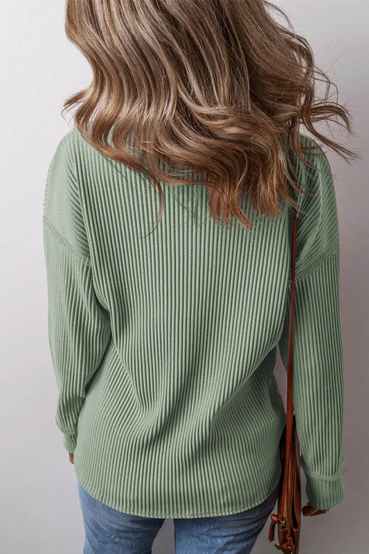 Plus Size Pocketed Ribbed Round Neck Long Sleeve Top - Hovatok