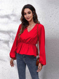 V-Neck Balloon Sleeve Peplum Blouse - Hovatok