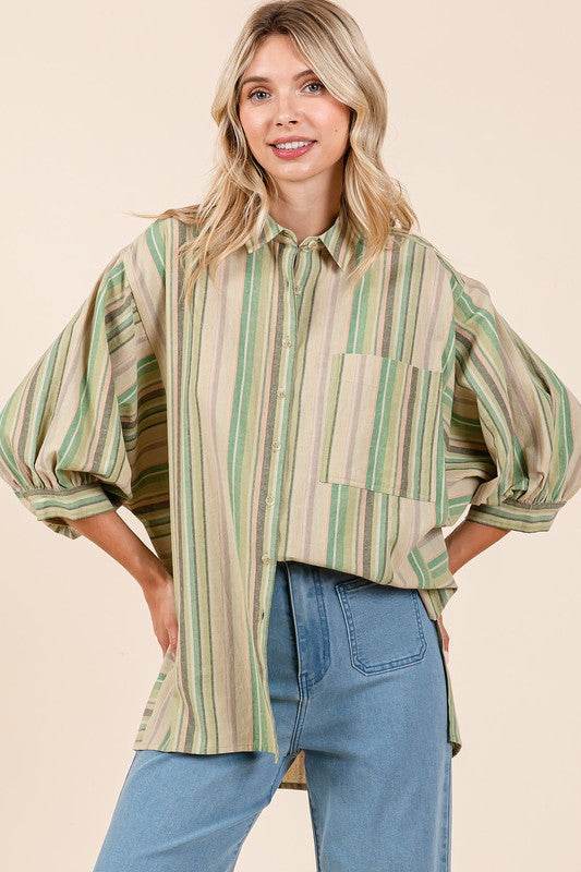 Mittoshop Striped Bubble Sleeve Button Down Shirt - Hovatok